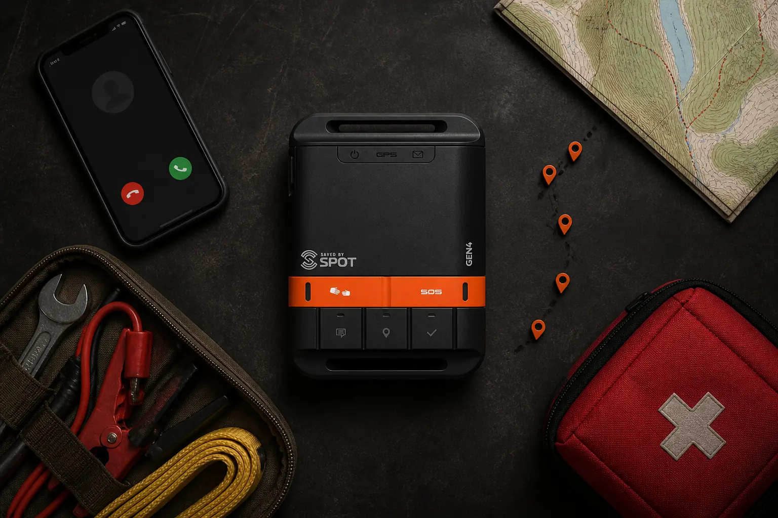 SPOT Gen4 controls surrounded by contact map vehicle tracking and emergency response objects | KnowOutdoor