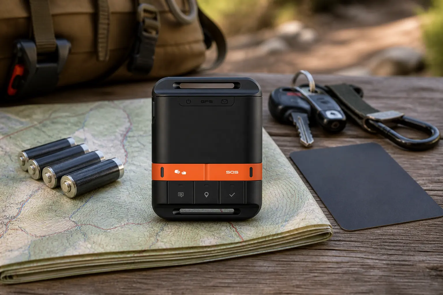 SPOT Gen4 with route map four AAA batteries contact card and vehicle keys on a trailhead table | KnowOutdoor
