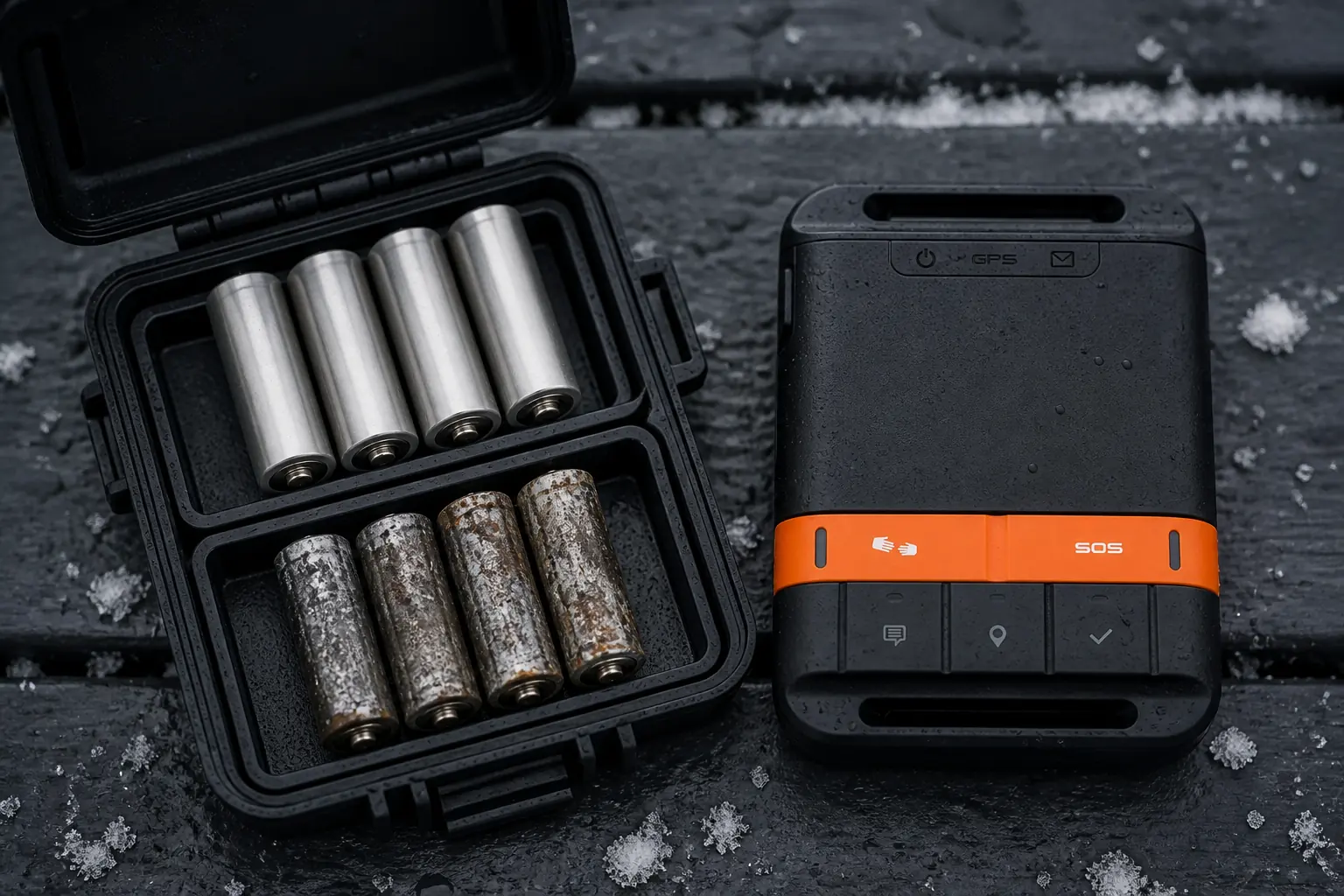 SPOT Gen4 beside fresh and spent lithium AAA batteries separated in a waterproof case | KnowOutdoor