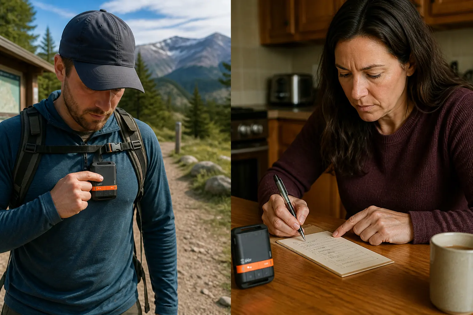 SPOT Gen4 sender at a trailhead and trusted contact following an escalation card at home | KnowOutdoor
