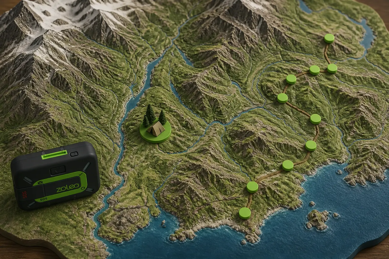 Relief map contrasts one ZOLEO campsite check-in with a sequence of route points | KnowOutdoor