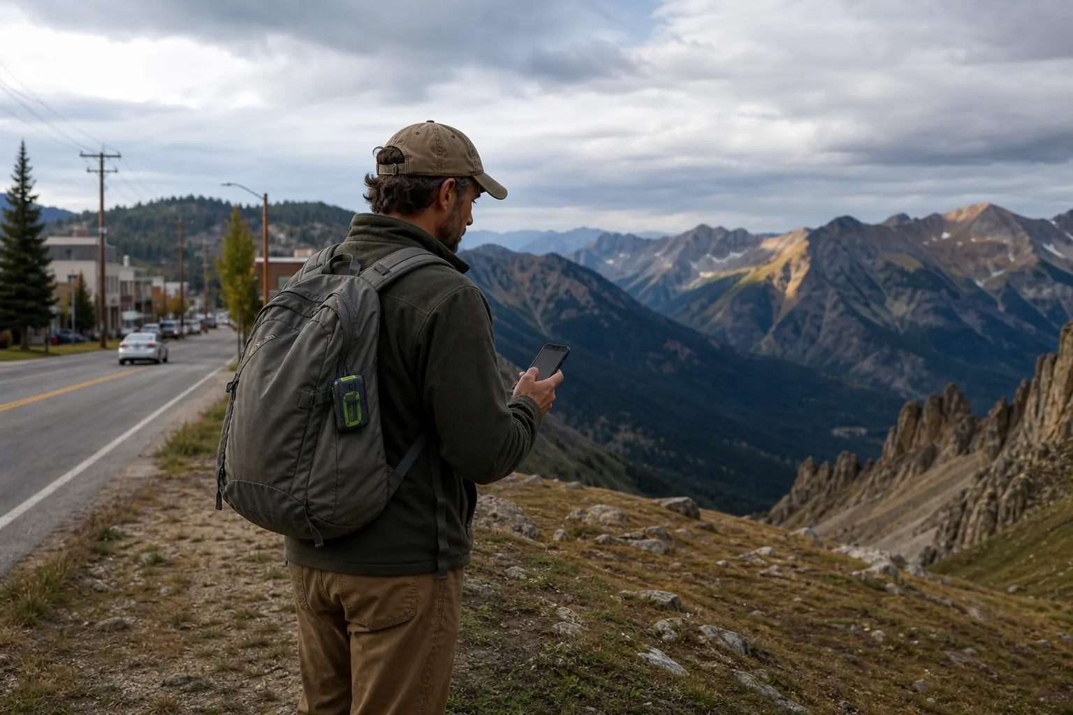 ZOLEO traveler moves from a town-edge road with infrastructure toward remote high-country terrain | KnowOutdoor