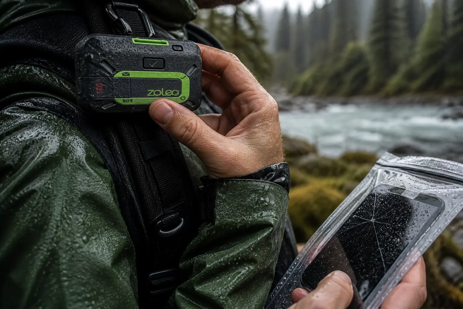 Hand accesses ZOLEO physical controls on a rainy riverbank while a cracked phone stays sealed away | KnowOutdoor