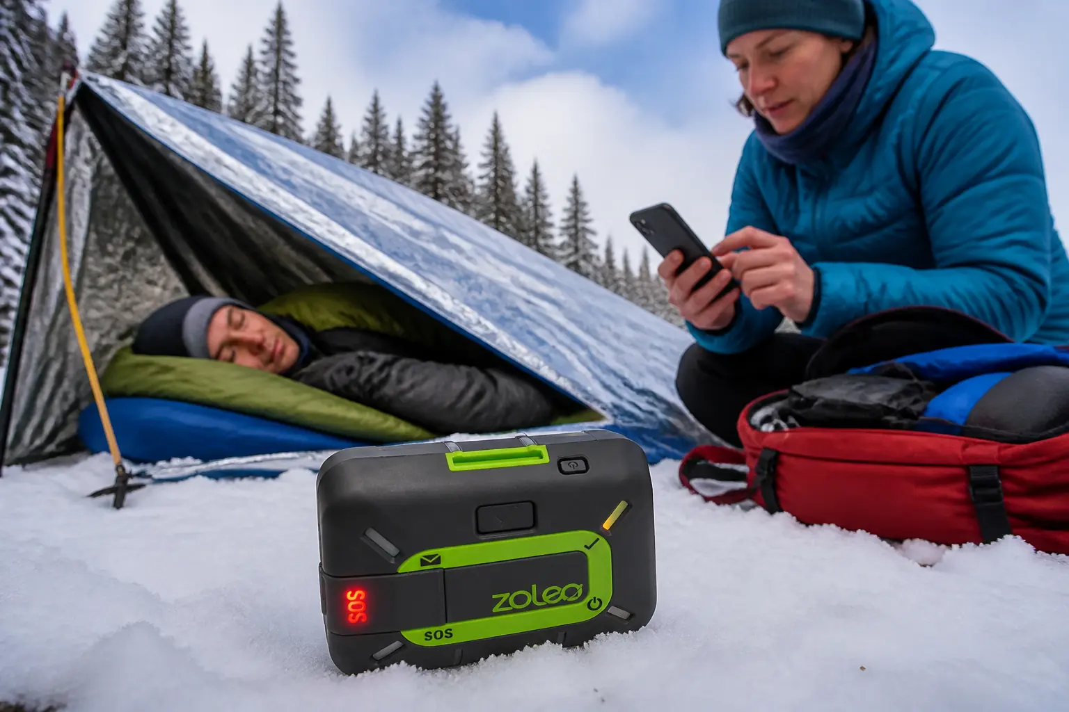 ZOLEO physical SOS and paired phone serve different roles beside a sheltered patient in snow | KnowOutdoor