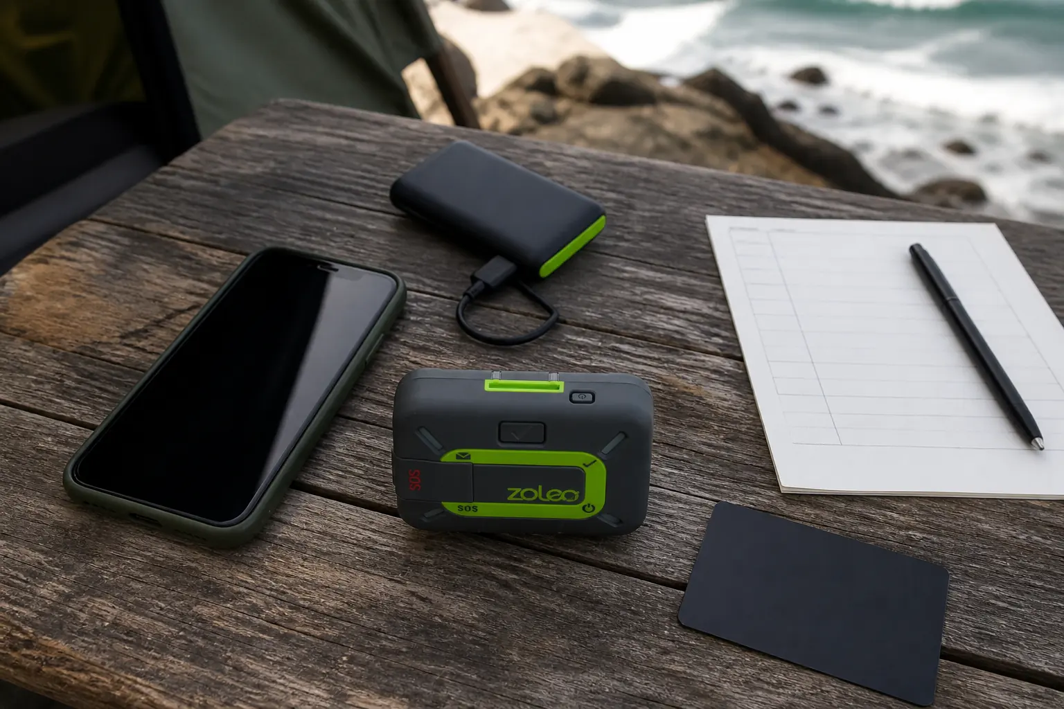ZOLEO communicator with paired phone power reserve itinerary and contact card on a coastal camp table | KnowOutdoor