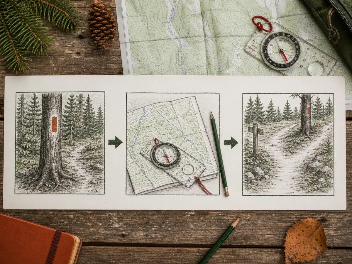 Field guide sequence for pausing at the last trail blaze and confirming the route after a junction