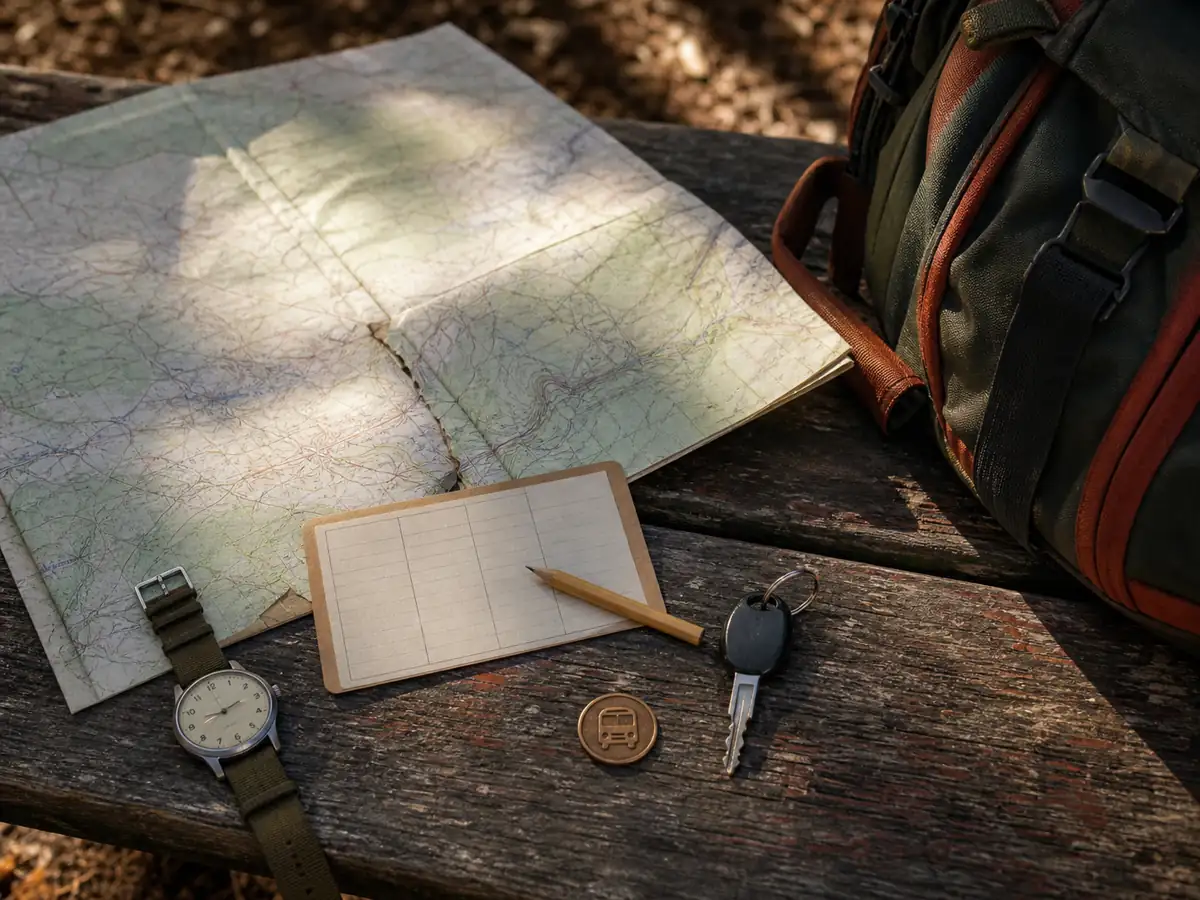 Map, watch, car key, and transit token arranged for trailhead planning - National park day hikes | KnowOutdoor