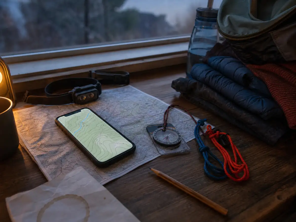 Phone, paper map, compass, headlamp, layers, and two backup routes checked before dawn - National park day hikes | KnowOutdoor