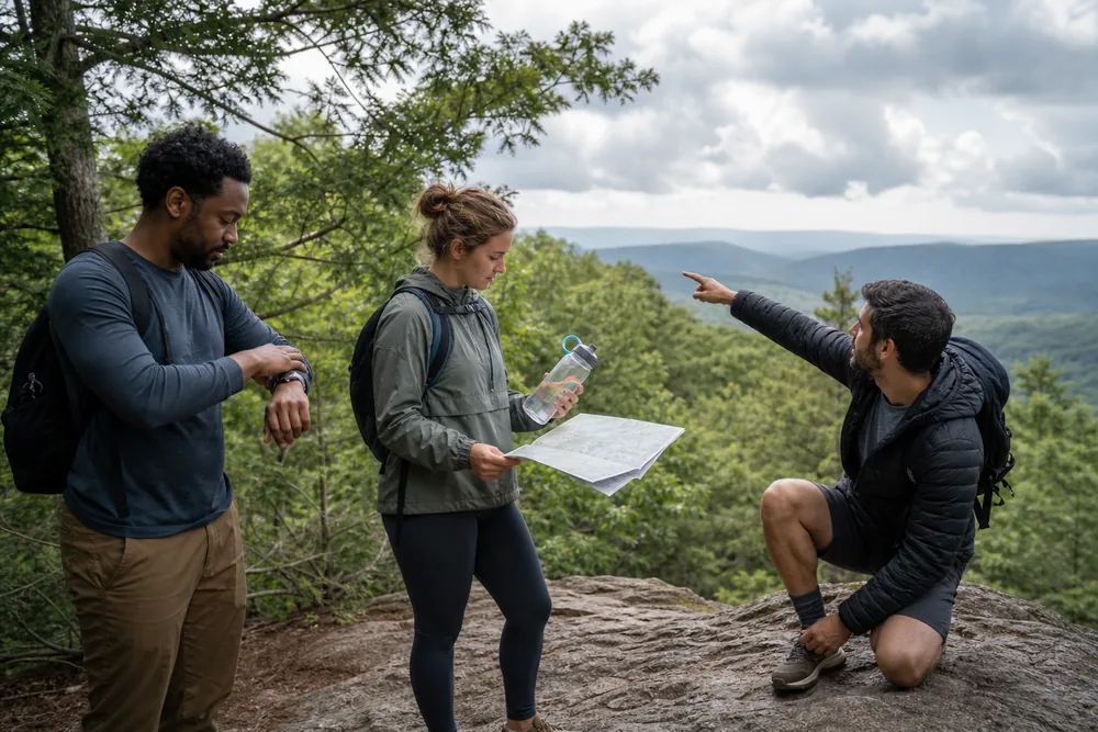 Hikers comparing elapsed time, water use, foot comfort, weather, and route position during a first-hour trail check