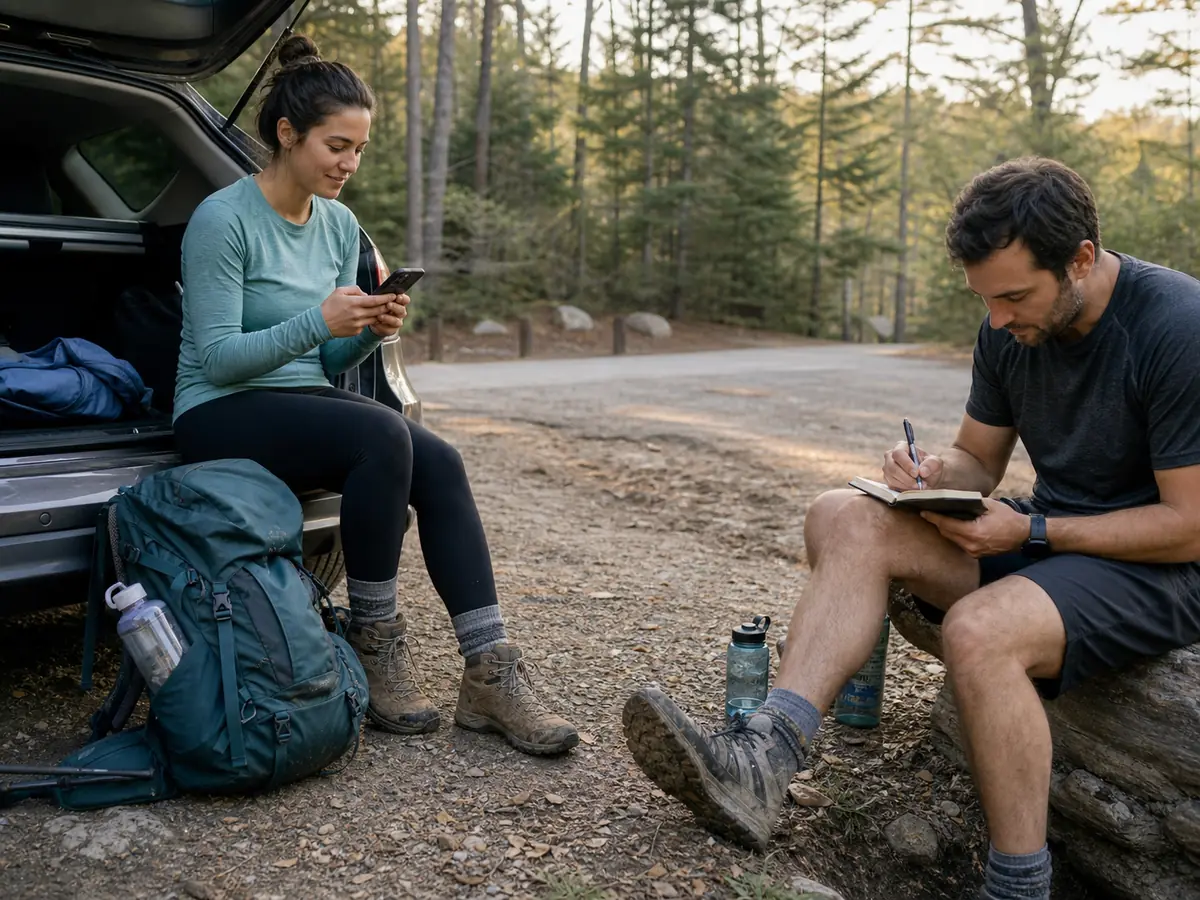 Returned day hikers sending an arrival message and recording water, foot, and gear notes beside the trailhead