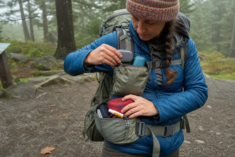 Day hiker placing an inhaler, glucose gel, spare glasses, and first-aid pouch in reachable pack pockets