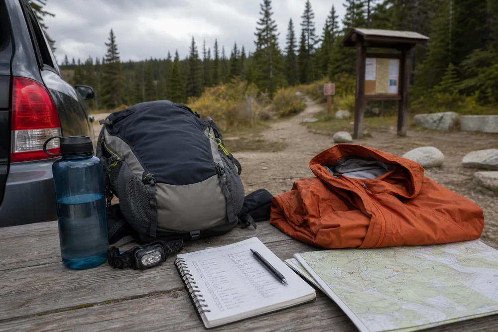 Day hiking seasonal checklist with map, shell, headlamp, and water at a trailhead