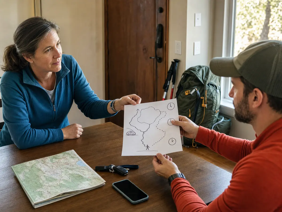 Hiker sharing a paper route, vehicle details, finish time, and overdue instructions with a trusted contact before departure