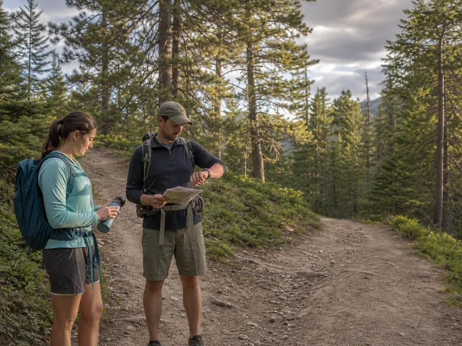 Hikers checking time, remaining water, foot comfort, and an offline map at a trail junction