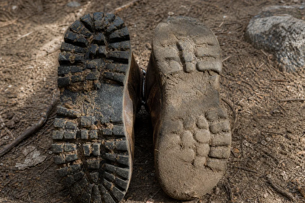 Two boot soles side by side, one with sharp deep lugs and one worn smooth at the heel - tread wear comparison - KnowOutdoor