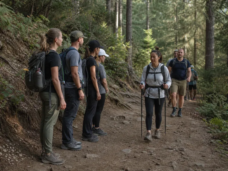 Small hiking group standing single file while others pass