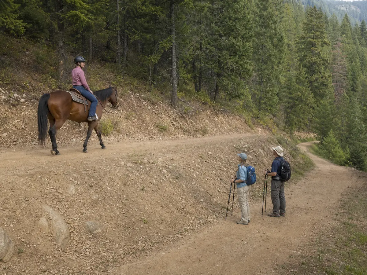 Hikers standing calmly on the lower side of a wide trail while a horse and rider pass