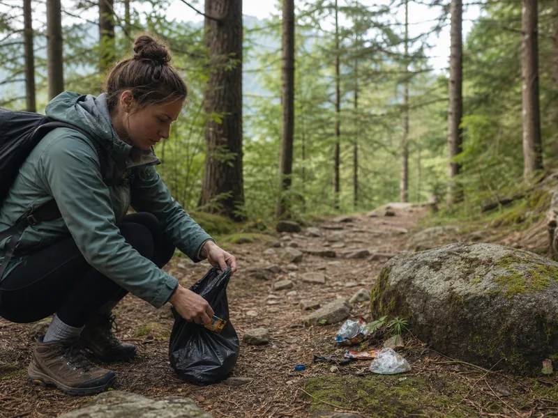 Hiker packing out snack trash beside a forest trail