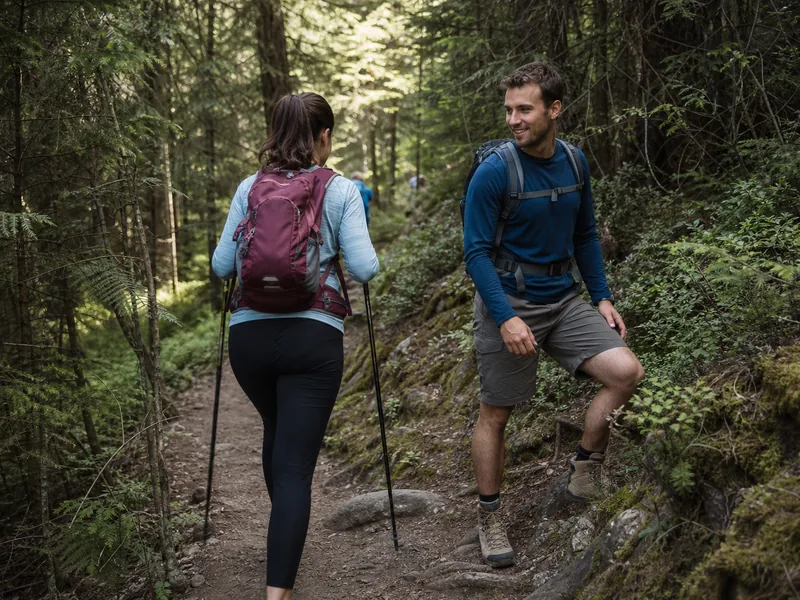 Hikers stepping aside on a narrow trail to let another hiker pass