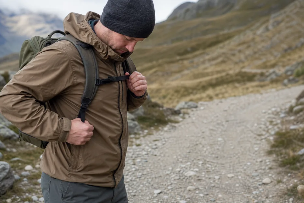 Hiker testing a light daypack fit during an easy training walk
