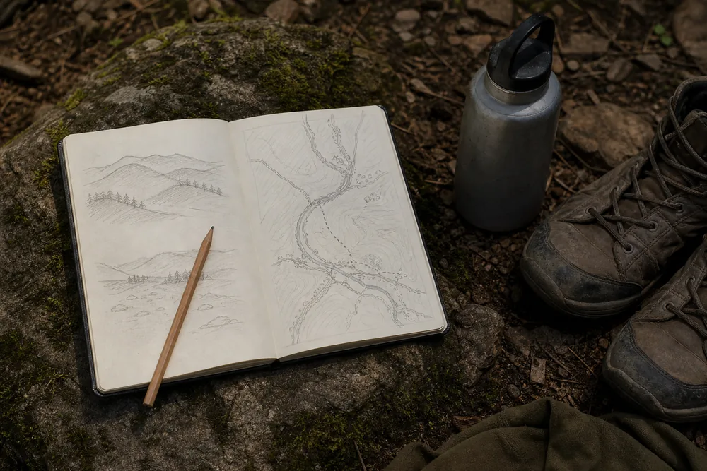 Notebook with a hiking fitness week planned around walks, hills, and recovery