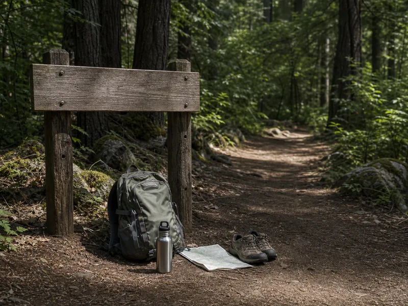 Beginner hiker checking a marked first trail with map, water, daylight, and an easy return