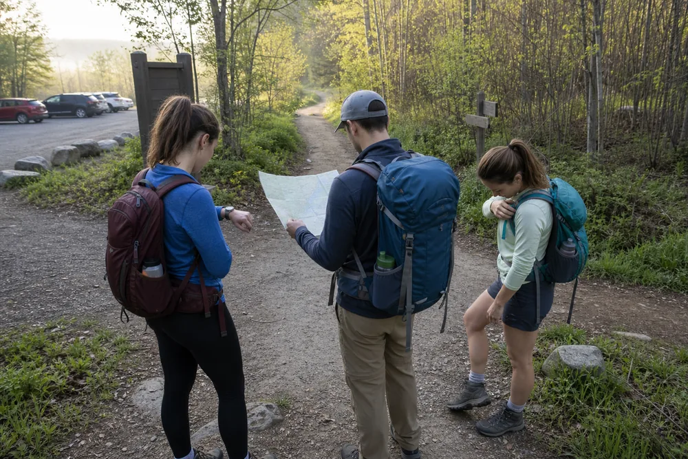 Beginner hikers checking the correct trail sign, map orientation, easy pace, shoe comfort, and elapsed time during the first 20 minutes