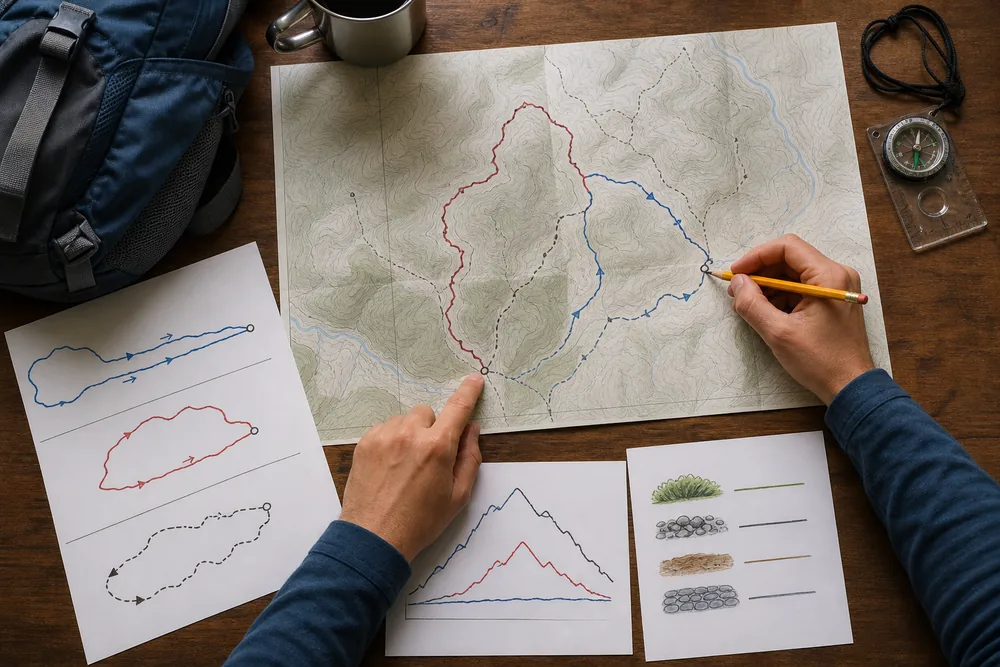 Beginner comparing round-trip distance, route type, cumulative elevation gain, surface, and exit points on a generic trail listing