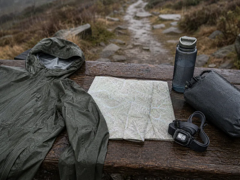 Rainy trail map, shell, and water bottle prepared before a wet hike
