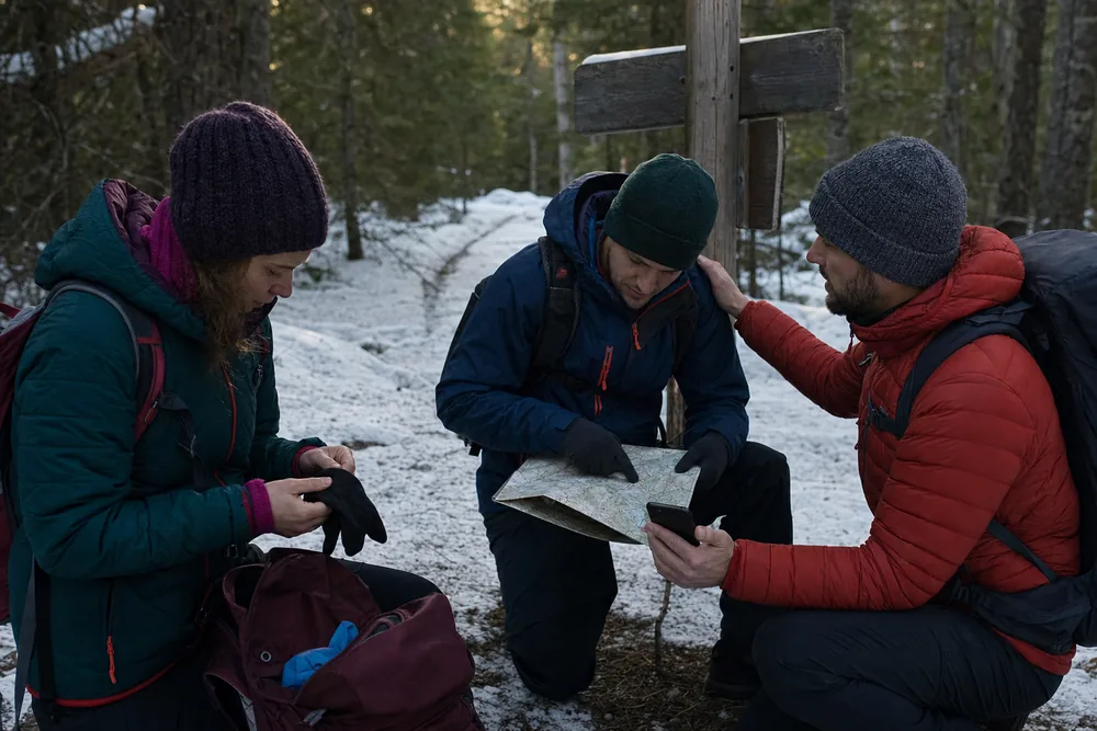 Winter hiking group comparing a dry-glove repair, an early route exit, and an emergency call after checking shivering, speech, balance, and skin sensation
