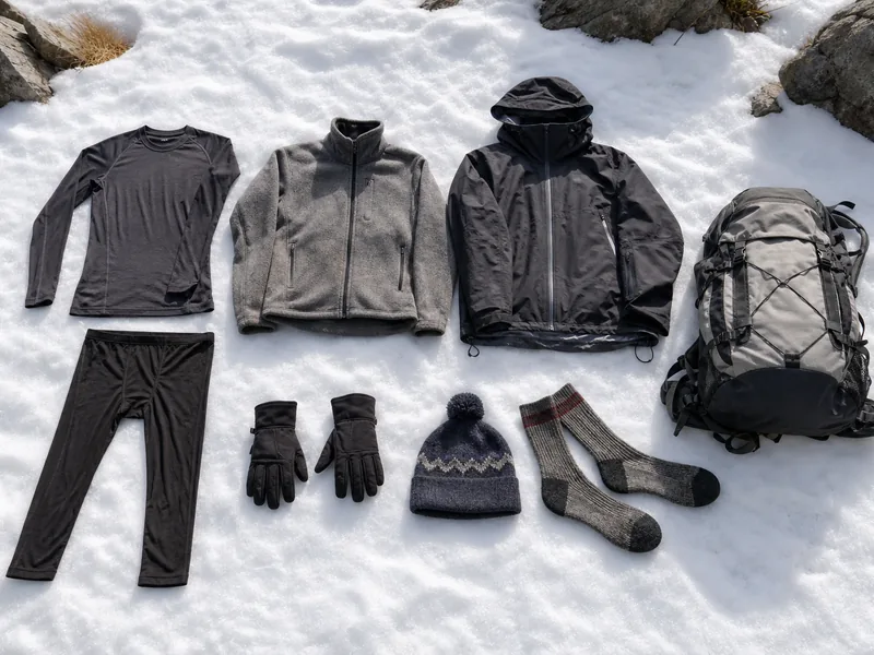 Winter hiking base layer, fleece, shell, gloves, and hat laid out on snow