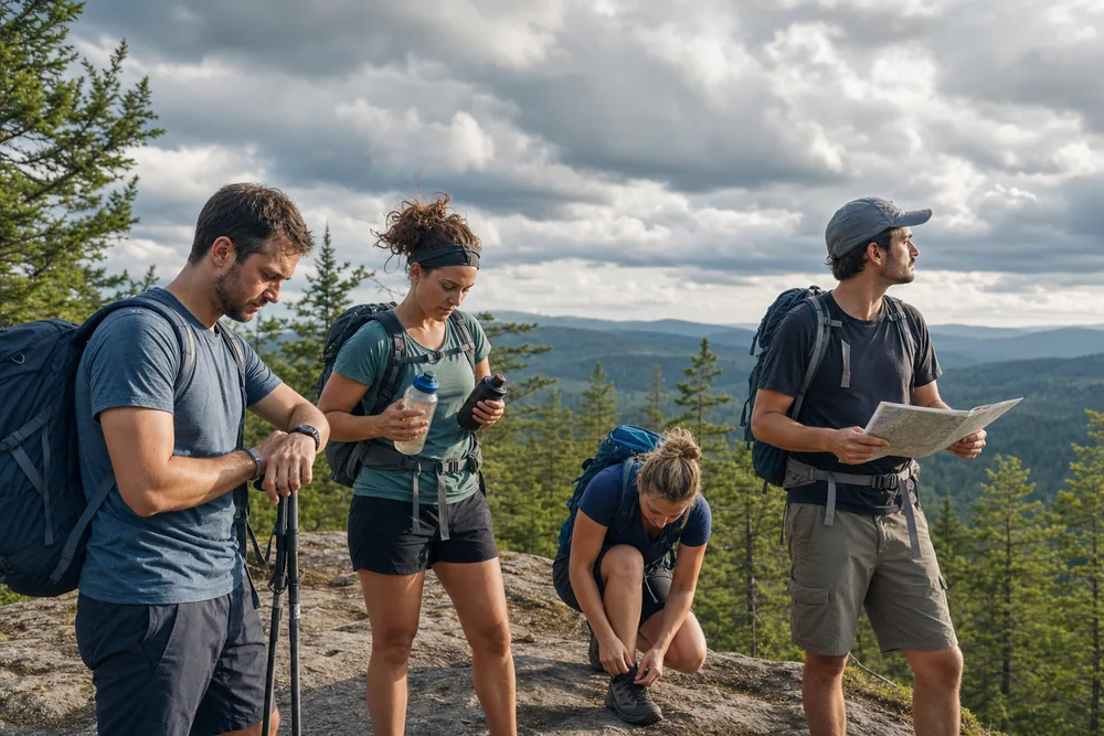 Hiking group checking pace, water, feet, weather, map position, and turnaround time at a planned trail checkpoint
