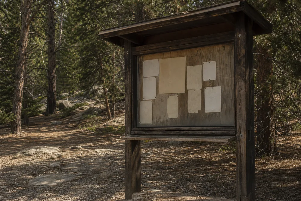 Weathered wooden trailhead information board in dusty forest light - checking conditions before a hike | KnowOutdoor
