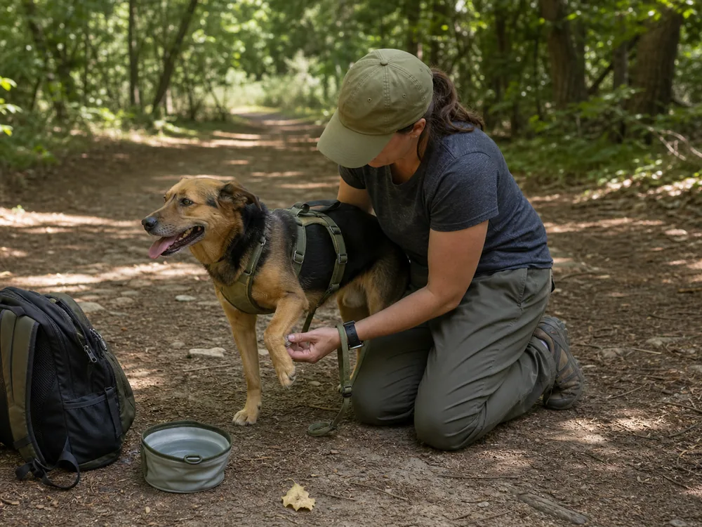 Handler checking paw pads and harness fit after a short conditioning walk - hiking with a dog | KnowOutdoor