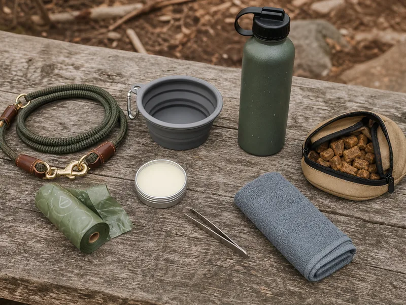 Dog hiking kit with leash, bowl, water, waste bags, and paw care