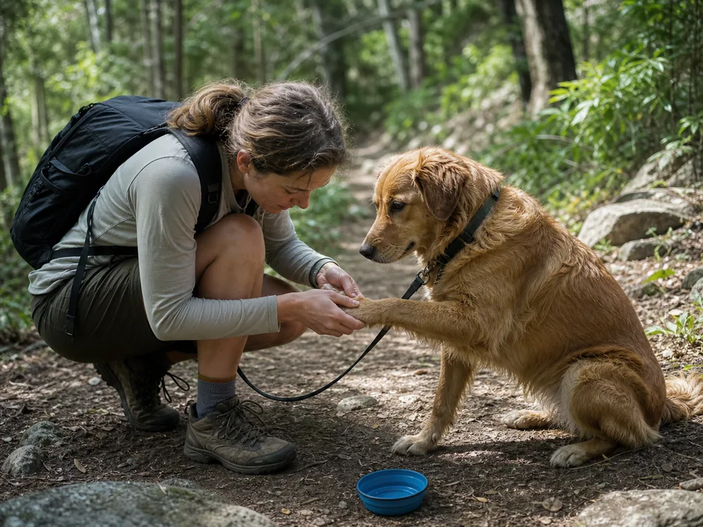 Hiker checking a dog's paw beside a shaded dirt trail