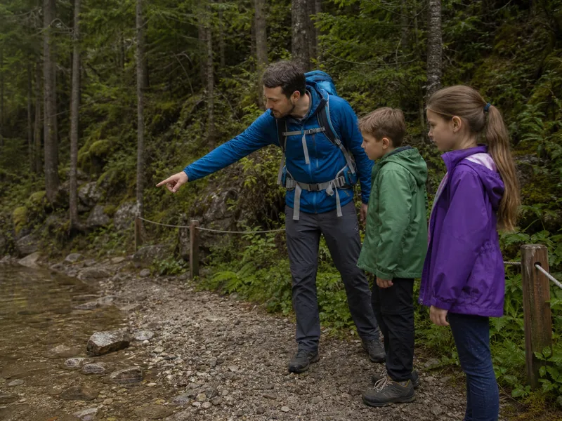 Adult pointing out a trail boundary to children near a forest path