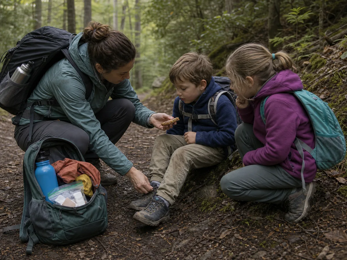Adult checking a child's shoe and snack during a family hike