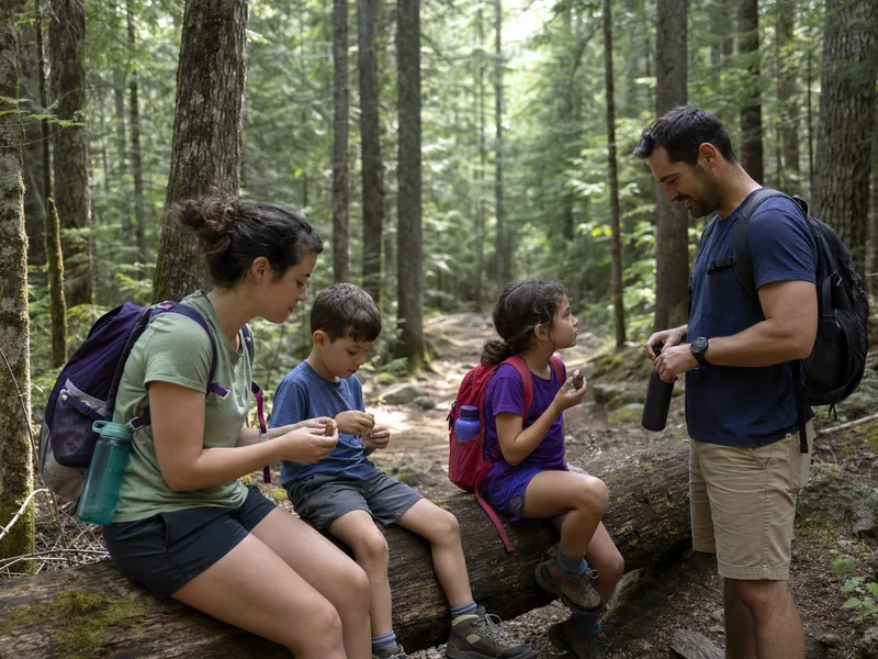 Family taking a snack break before turning around on a short hiking trail