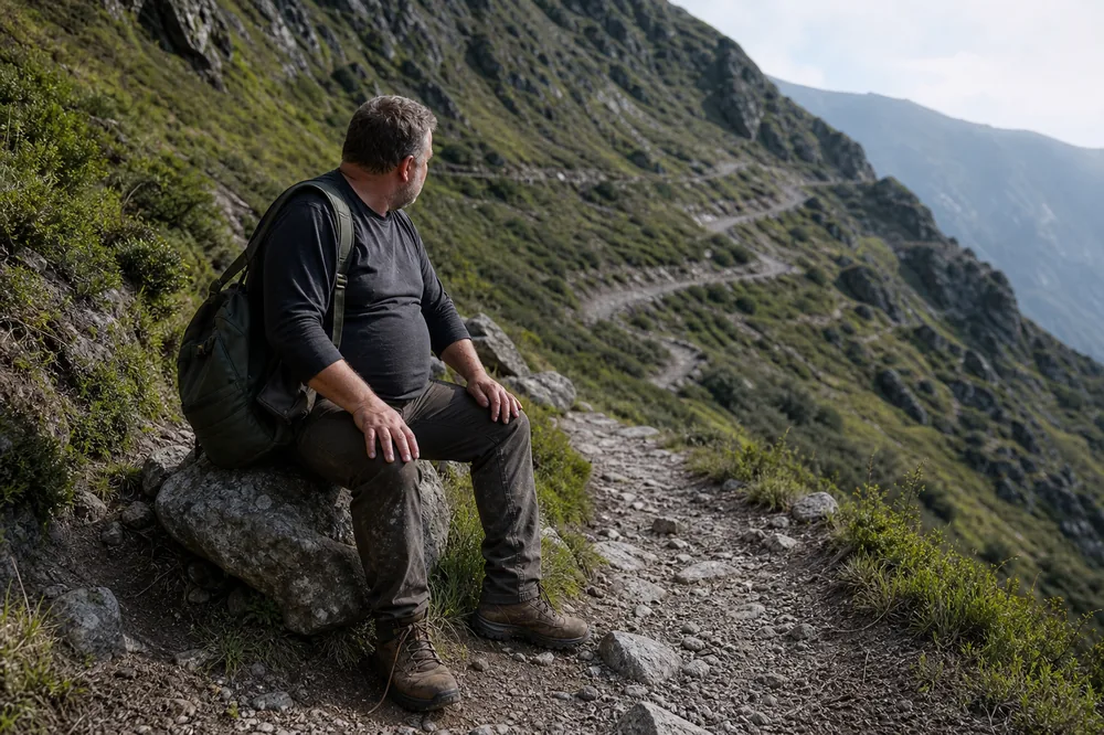 Hiker pausing on a switchback and looking up at the remaining climb ahead - choosing a day hike for your fitness | KnowOutdoor