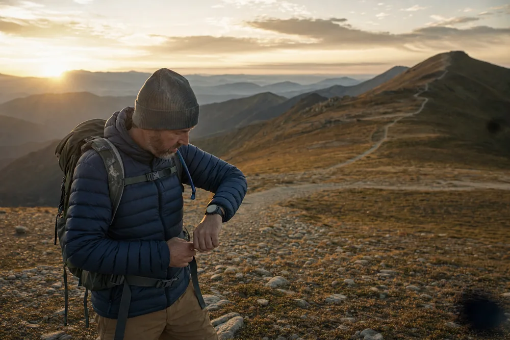 Hiker checking the time on an exposed trail section with the route continuing ahead - choosing a day hike for your fitness | KnowOutdoor