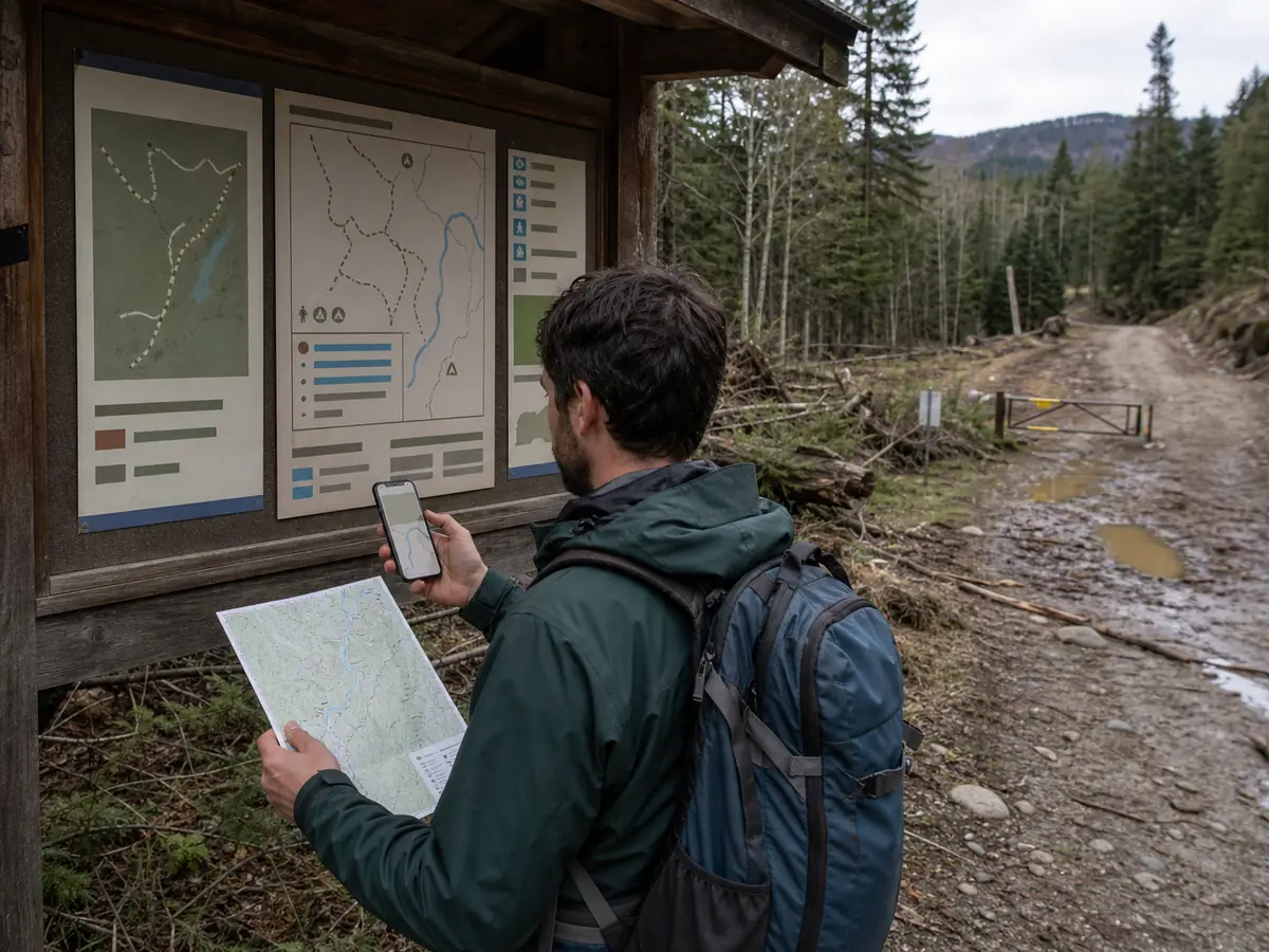 Hiker comparing an official trail notice, a dated condition report, and a printed route map before departure