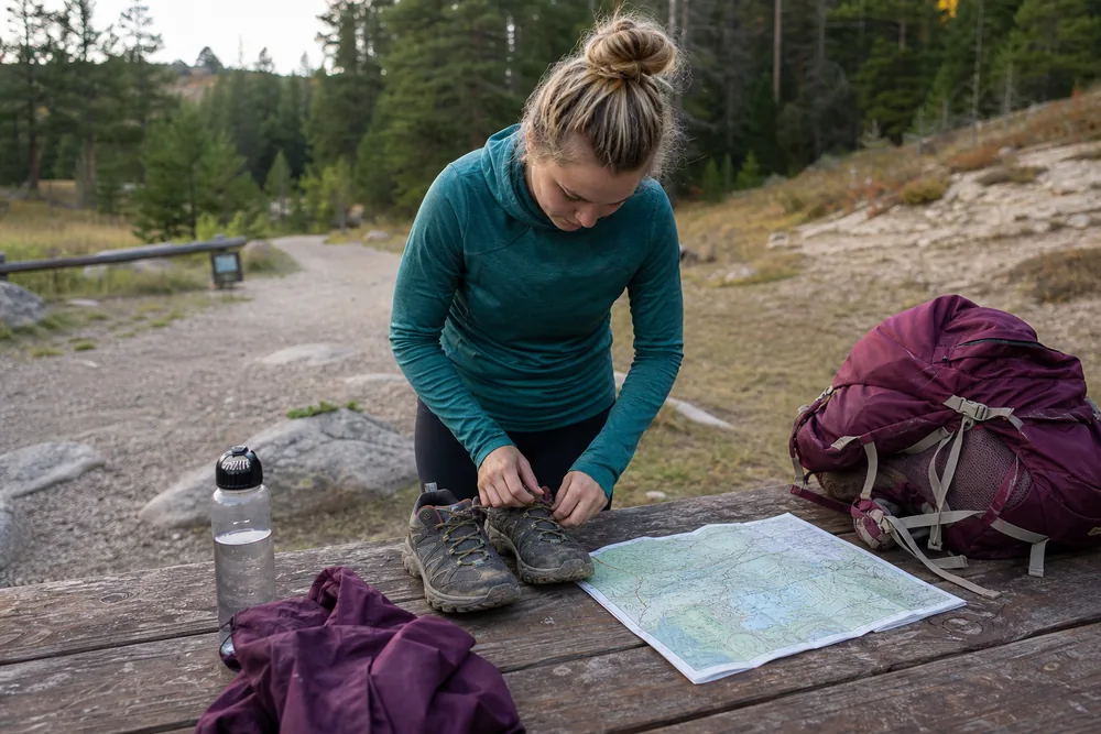 Hiker checking trail shoes, map, water, and weather before leaving
