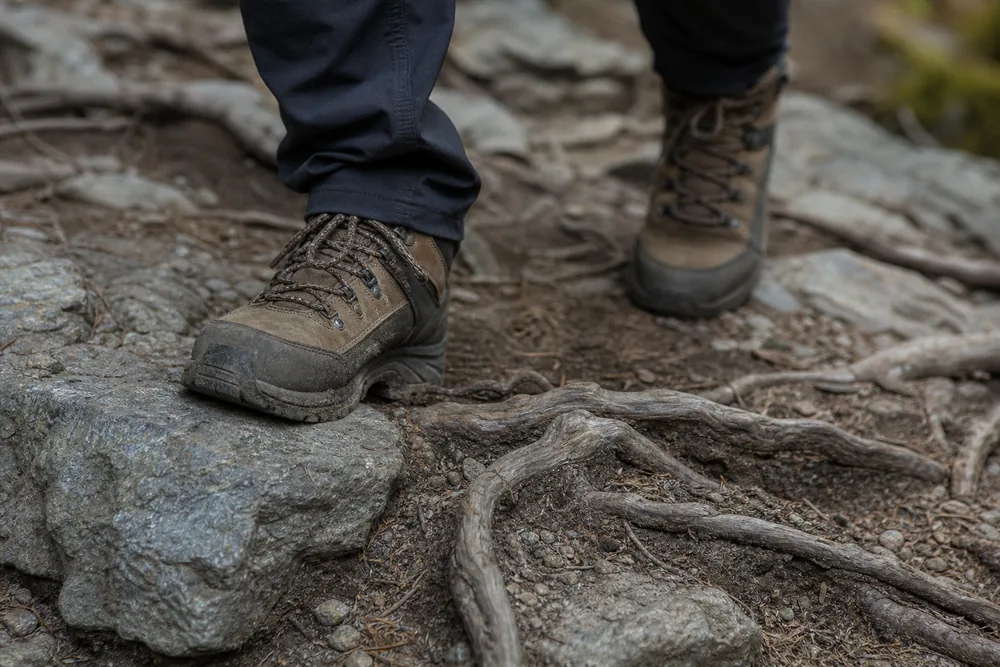 Close view of hiking boots on rocky trail footing