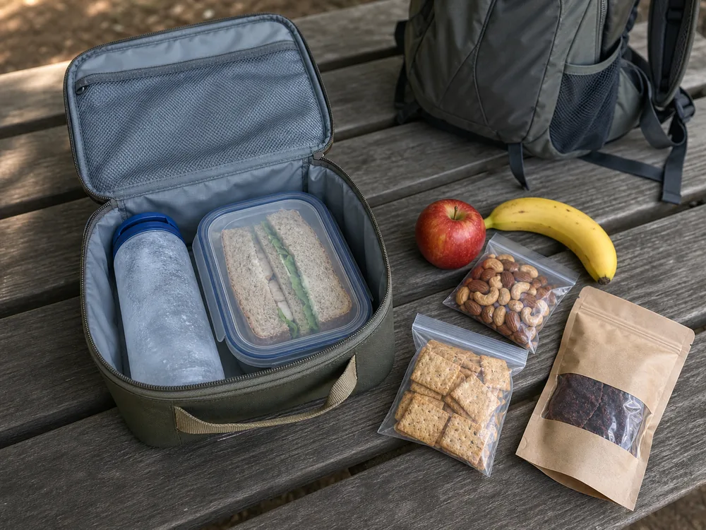 Open insulated trail food pouch with a frozen bottle beside shelf stable hiking snacks