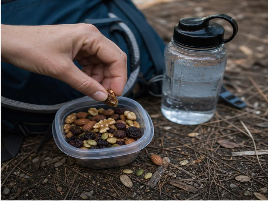 Hand pairing trail mix with water beside a small daypack - how to fuel and snack on a day hike | KnowOutdoor