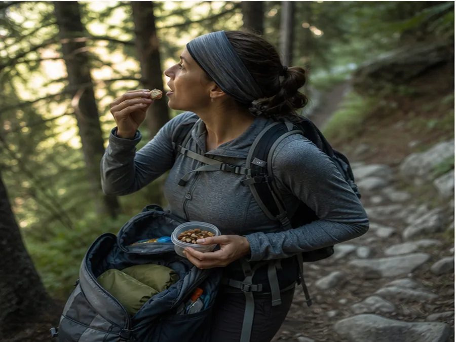 Hiker eating a small snack before a shaded trail climb - how to fuel and snack on a day hike | KnowOutdoor