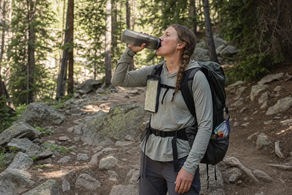 Hiker completing water, snack, map, and layer tasks during one short organized standing stop