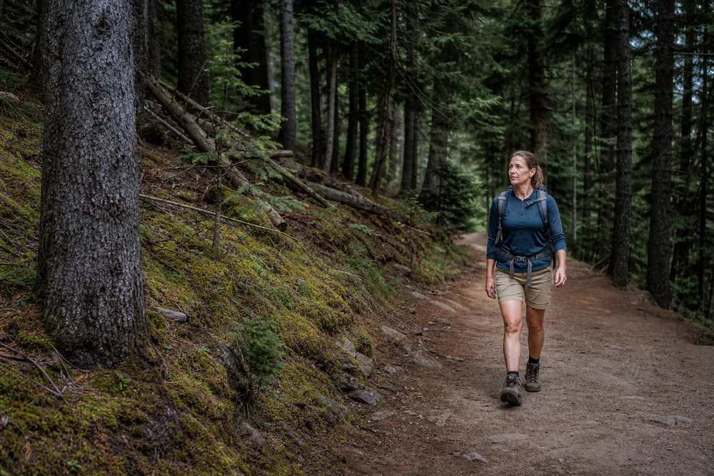 Hiker using relaxed posture and a steady conversational pace on a smooth familiar trail