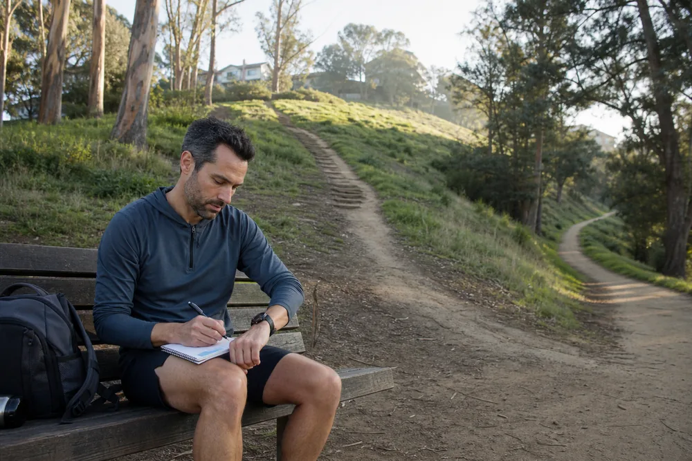 Hiker recording easy walking time, controlled hill repeats, gentle descent practice, and strength sessions for one measured pace limiter